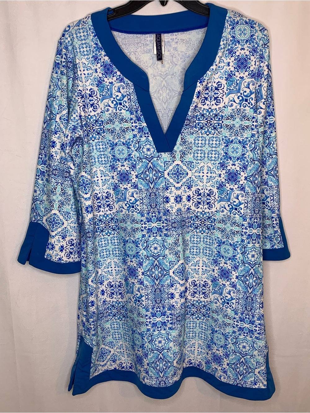 AQUA ET SOL Tunic Dress UPF 50+ Blue White 3/4 Sleeve Quick Dry Stretch Beach L